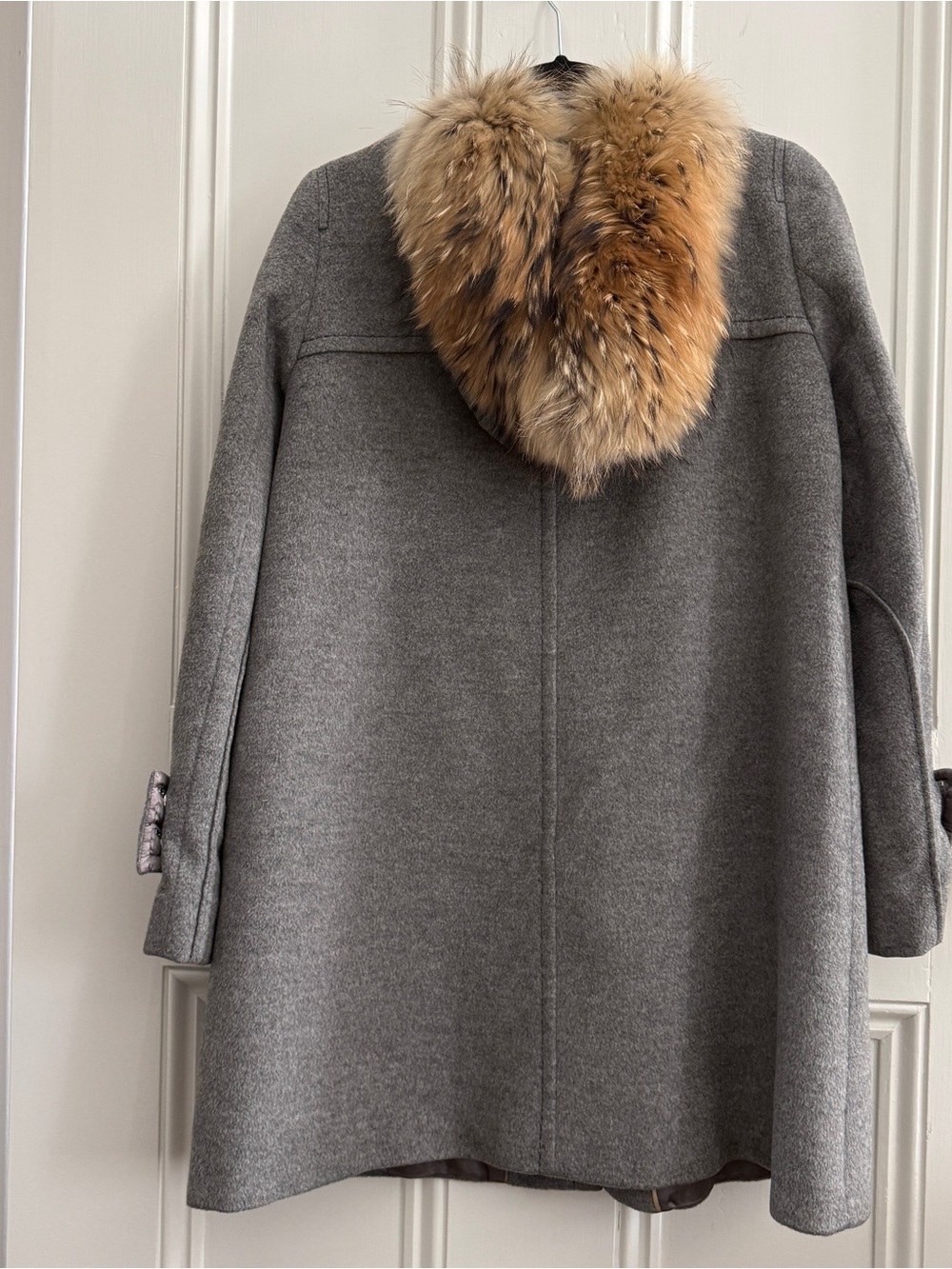 Sportmax Gray Hooded Virgin Wool Coat with Fur Trim - Picture 2 of 5